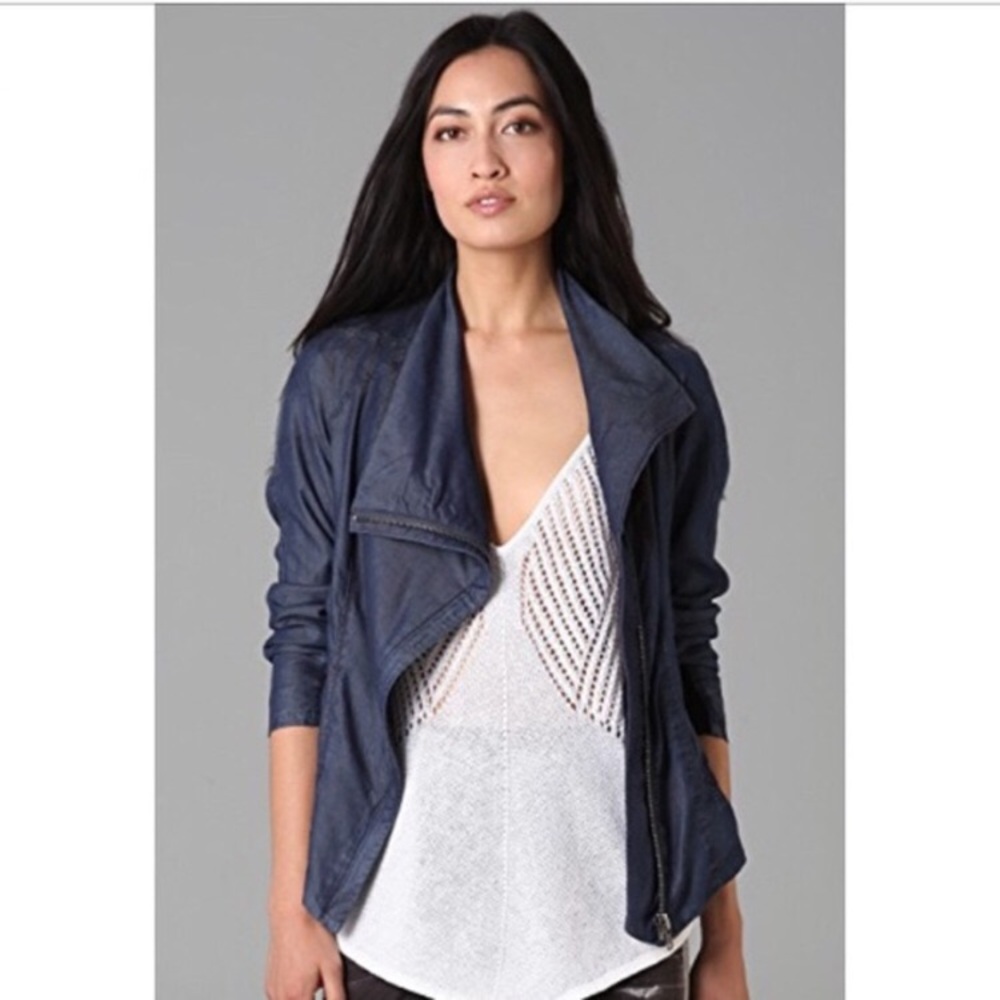 HELMUT LANG | Tencel Chambray Asymmetrical Zip Biker Jacket